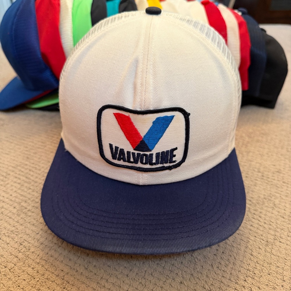 Vintage 1990s Valvoline Racing Trucker Hat Mesh Snapback White Blue USA Made